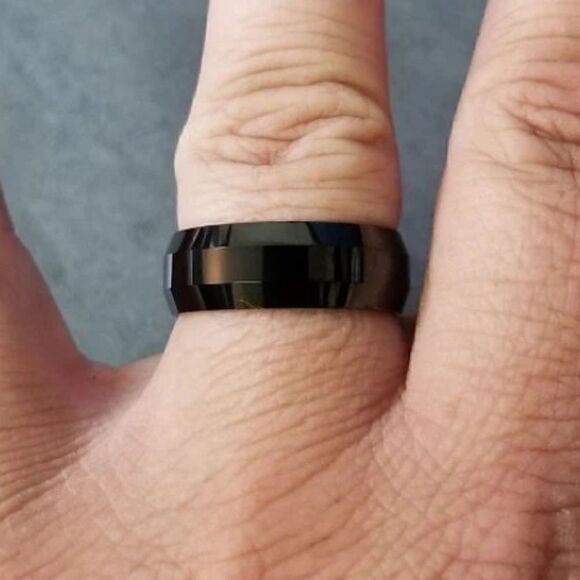 Men's Real Black Tungsten Wedding Ring  - Black Wedding Band For Guys Step Edges - Picture 2 of 5